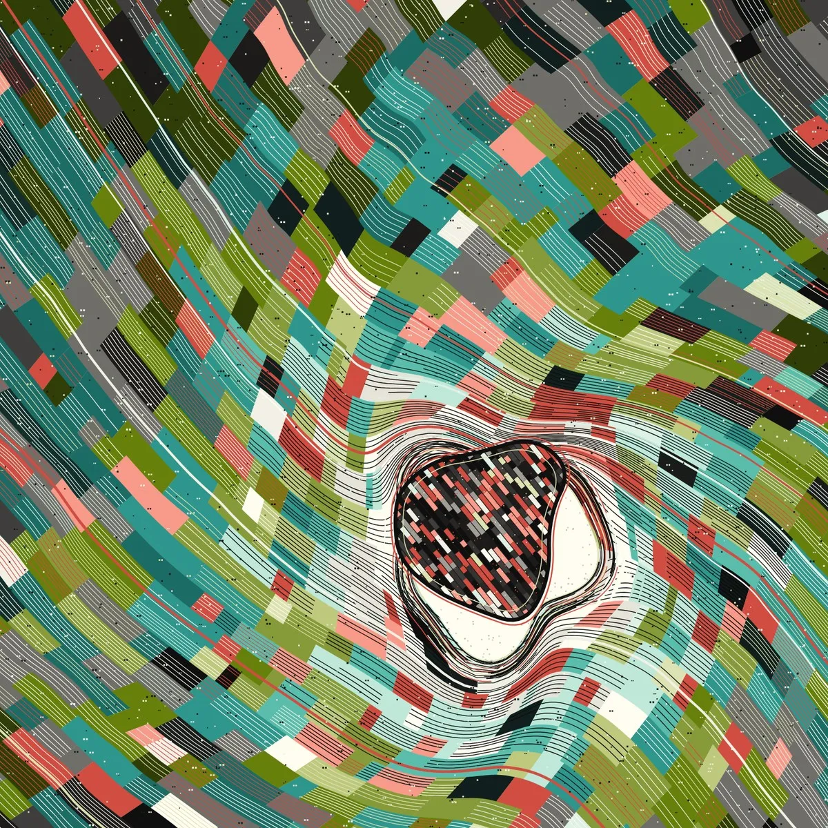 Generative artwork: a dense field of diagonal colour strata in greens, reds and teals, bowed and compressed by an unseen attractor into a shell of black and white contour lines around a pale lobed void, with a small dark speckled mass at its centre.