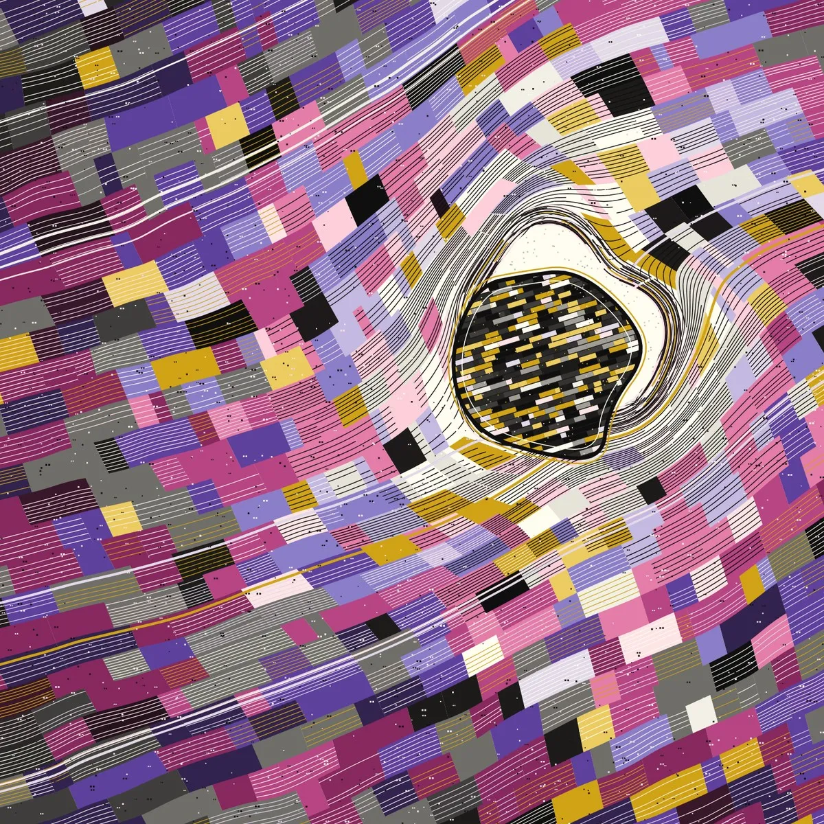 The same generative system on a second seed, in magentas, purples and gold: the strata warp around a cream-rimmed void holding a dark mass flecked with yellow.