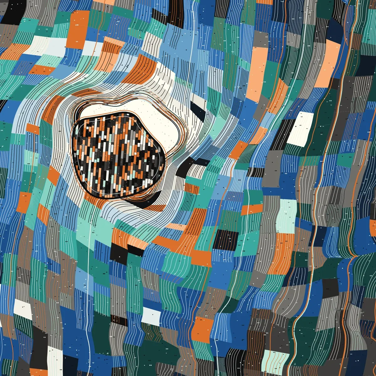 The same generative system on a third seed, in blues, oranges and teals: the lensed field bends around an off-centre void whose interior is a dark block of orange and white flecks.