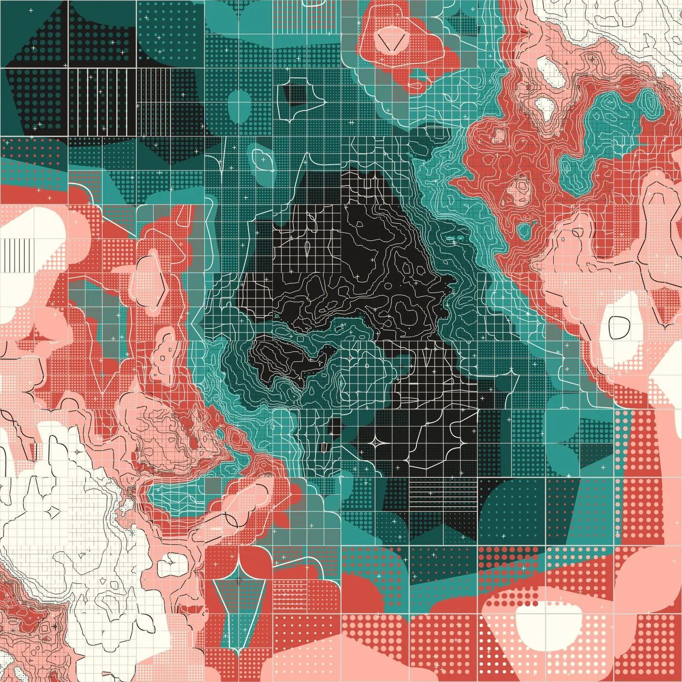 Generative artwork: a square field sampled at wildly different rates, resolving into hundreds of hairline contour rings around a black mass near the centre and coarsening outward into flat teal and coral blocks filled with halftone dots, hatching and a widening grid.