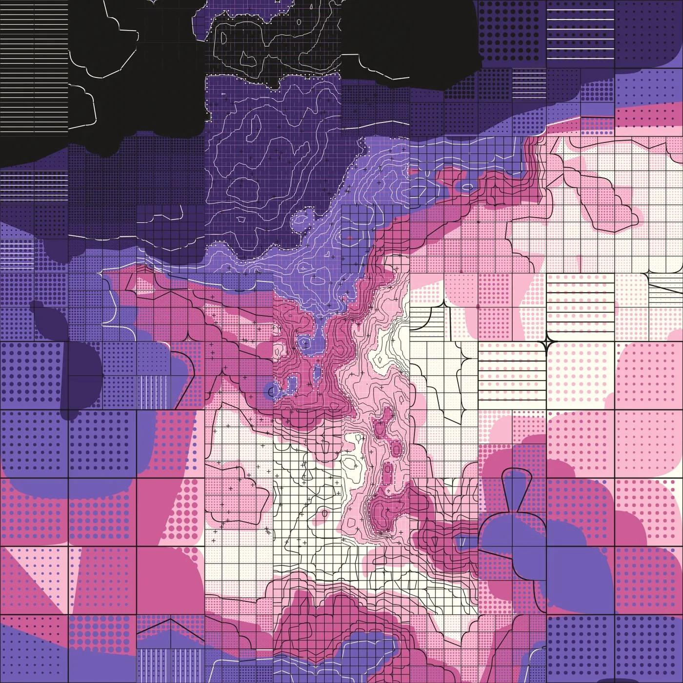 The same generative system on a second seed, in violets, magentas and cream: the finely contoured core sits below centre under a black upper edge, and the surrounding blocks drop away into dot screens and open grid.