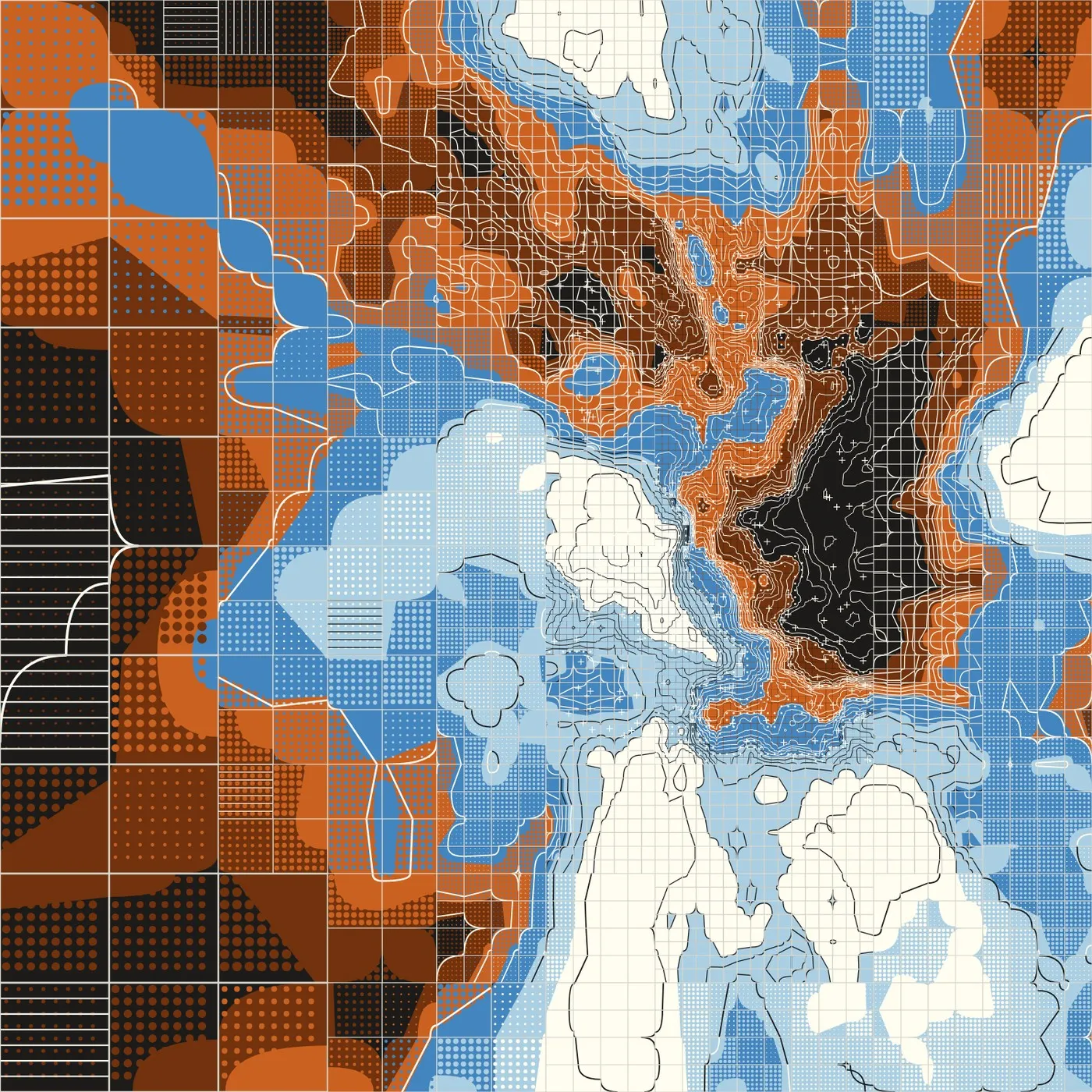 The same generative system on a third seed, in orange, blue and black: dense contour work curls through the upper half around a black mass at the right, while the left side coarsens into flat orange and blue blocks of halftone and hatch.