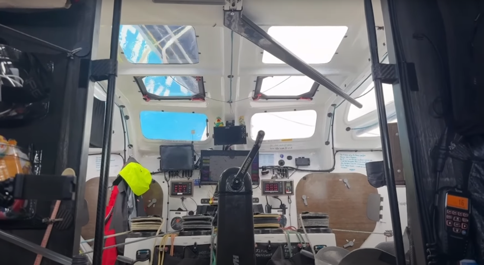 Sailboat cockpit control center with lots of mechanical things and cool windows